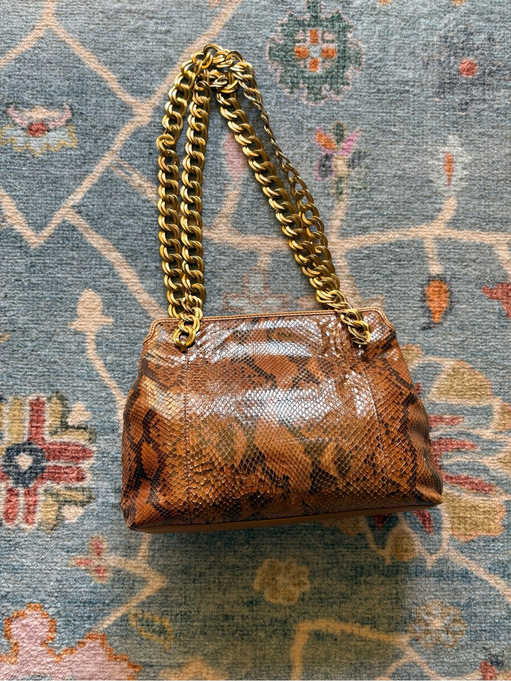 Bottega Veneta Brown Snake-Print Shoulder Bag with Gold Chain Straps